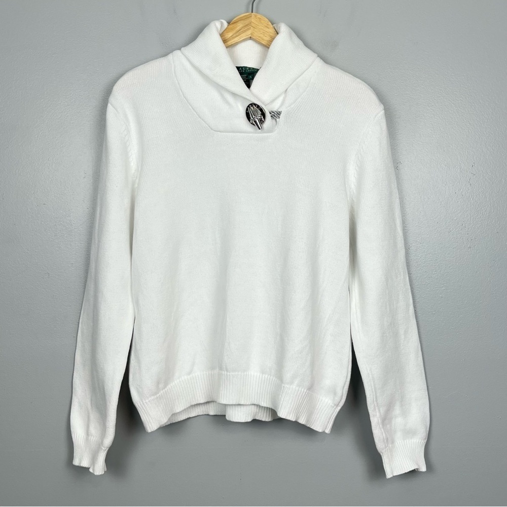 Lauren Ralph Lauren white 100% cotton shawl collar toggle closure sweater, XL.